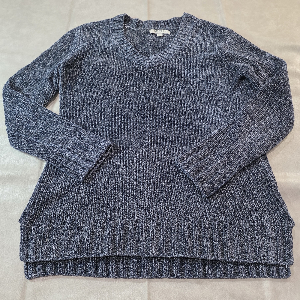 Orvis Womens Chenille Sweater Navy Blue V Neck Long Sleeve Split Hem Soft Knit S